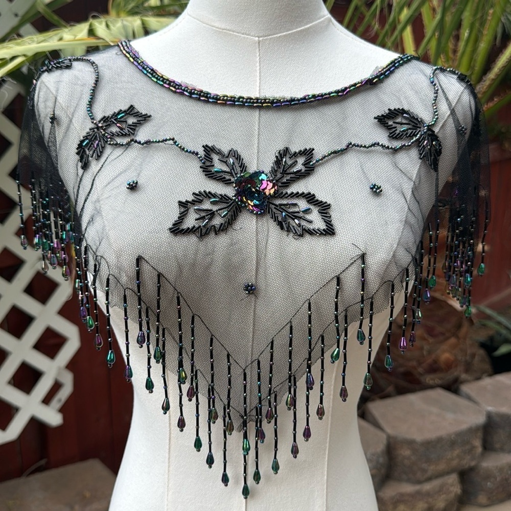 Vintage Black Beaded Sequin Mesh Capelet Collar Shawl